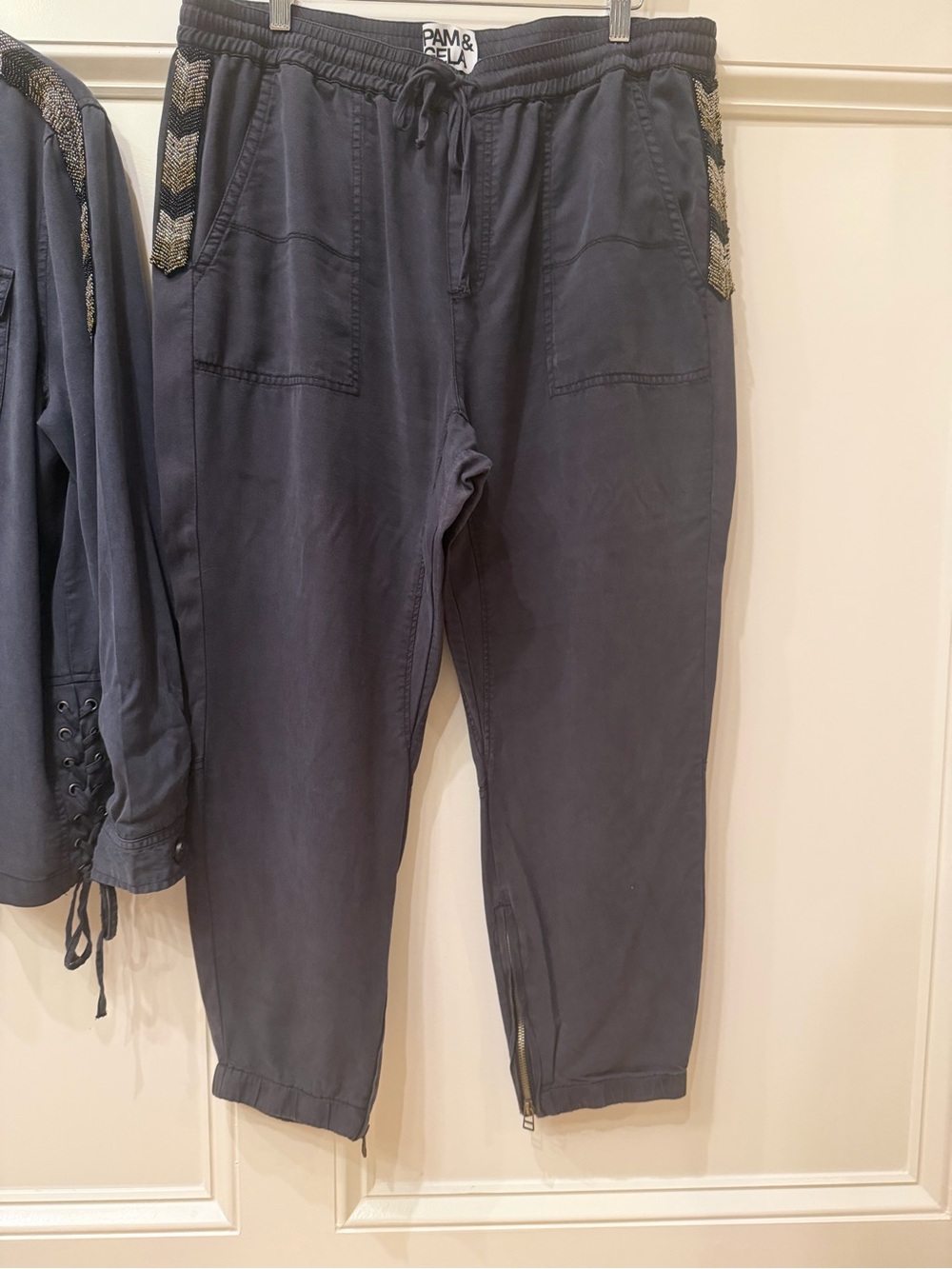 Pam & Gela Black Jogger Pants with Metallic Chevron BeadedHip Side Embellishment